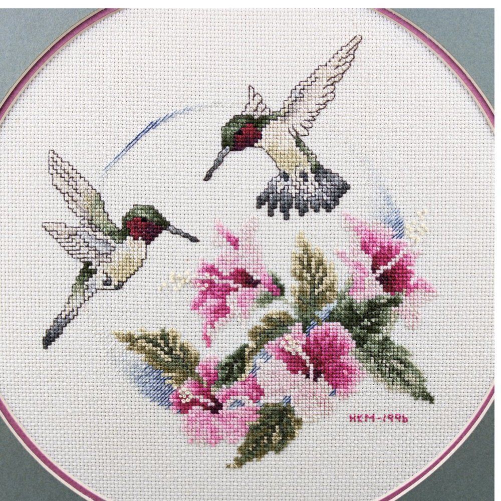 Vintage Needlepoint Hummingbirds Pink Flowers Embroidery Framed Art Signed 1996 - Picture 2 of 6